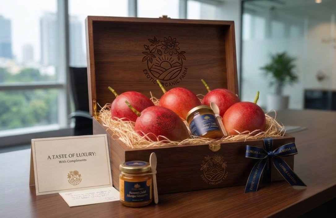 Luxury wooden corporate gift box branded Exotic Organic Farm, filled with fresh red mangoes and mango preserve jar, with a compliments card, Coimbatore