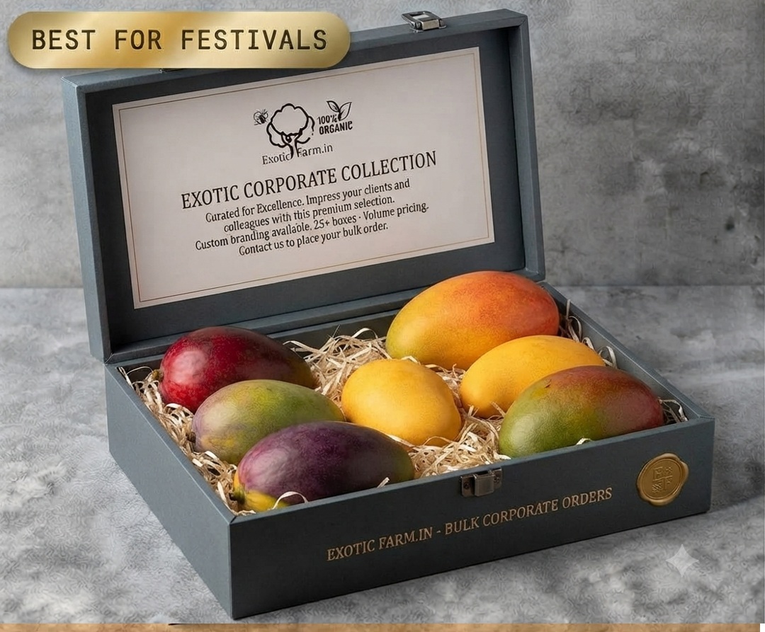 Executive corporate gift box: single-variety mango hand-packed in an engraved wooden box, from Exotic Organic Farm
