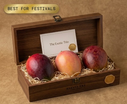 Exotic mango trio hamper gift set featuring Miyazaki, R2E2 and Red Palmer mangoes for corporate gifting, pan-India delivery